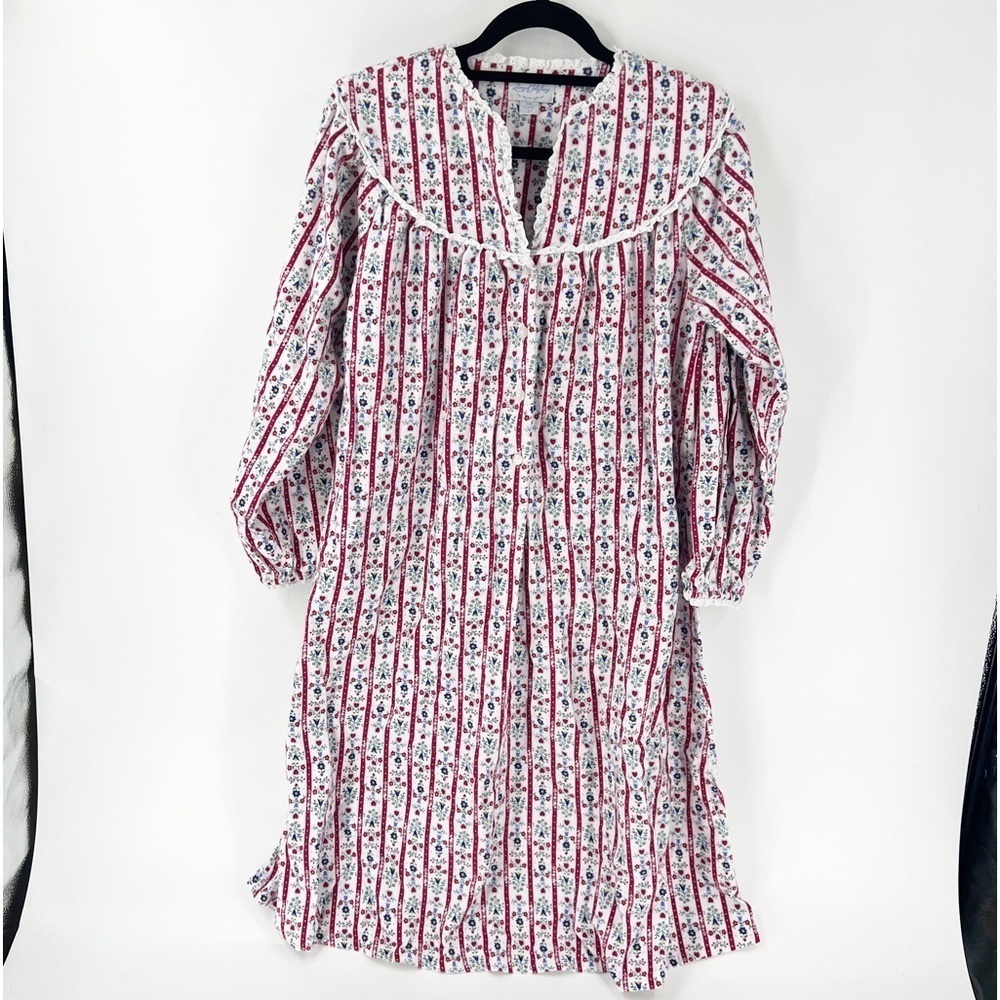 ✅ Lanz of Salzburg Sz S Flannel Nightgown Blue Flowers Hearts Red Stripes